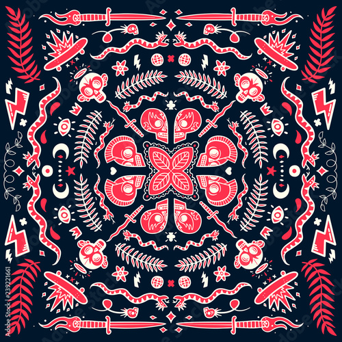 Colourful bandana, old school tattoo elements in doodle style with snakes, skulls, skates and knifes vector illustration concept on white background