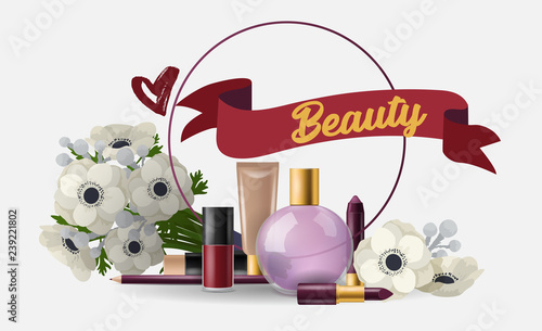 Cosmetic vector beauty make up cosmetology for beautiful woman with makeup foundation powder perfume illustration card cosmetician accessories flowers background