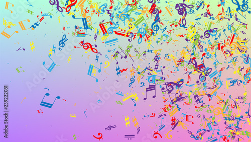 Disco Background. Many Random Falling Notes, Bass and, G Clef. Colorful Musical Notes Symbol Falling on Hologram Background. Disco Vector Template with Musical Symbols.