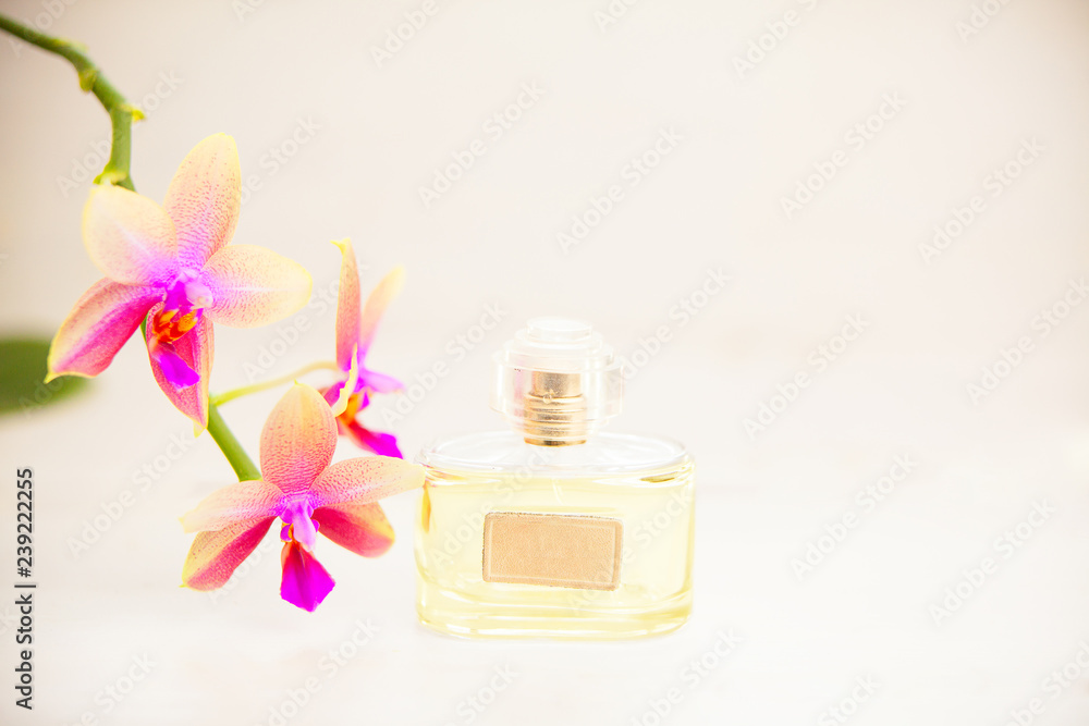 Essence of orchid flowers on table in beautiful glass jar Essence of orchid flowers on table in beautiful glass jar