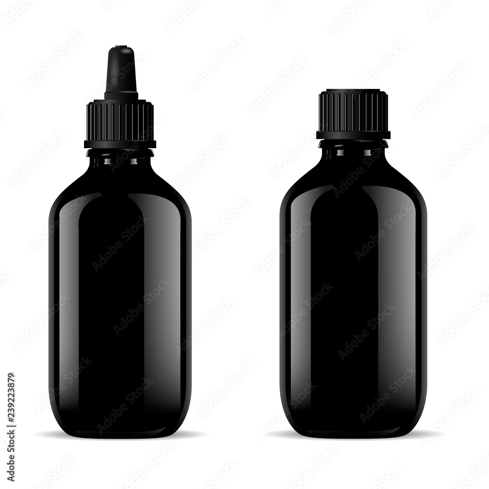 Black Glass Medical Bottles Set. Dropper Mockup. Screw Lid Flask with