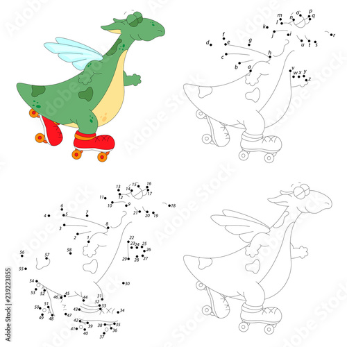 Happy green dragon roller skates. Coloring book and dot to dot game for kids
