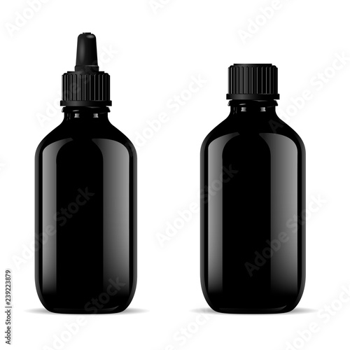 Black Glass Medical Bottles Set. Dropper Mockup. Screw Lid Flask with Pipette for Pharmaceutical Product Syrup, Oil, Nasal Liquid, Essence. Pharmacy Jar Vector 3d Realistic Package Eyedropper Cap.