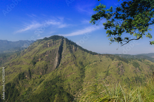 Beautiful view from little Adams peak at Sri Lanka. Fresh nature background. High mountain with trees, blue sky.