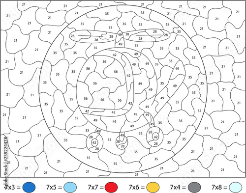 Red cartoon helicopter. Math activity worksheet. Multiplication table. Color by number educational game