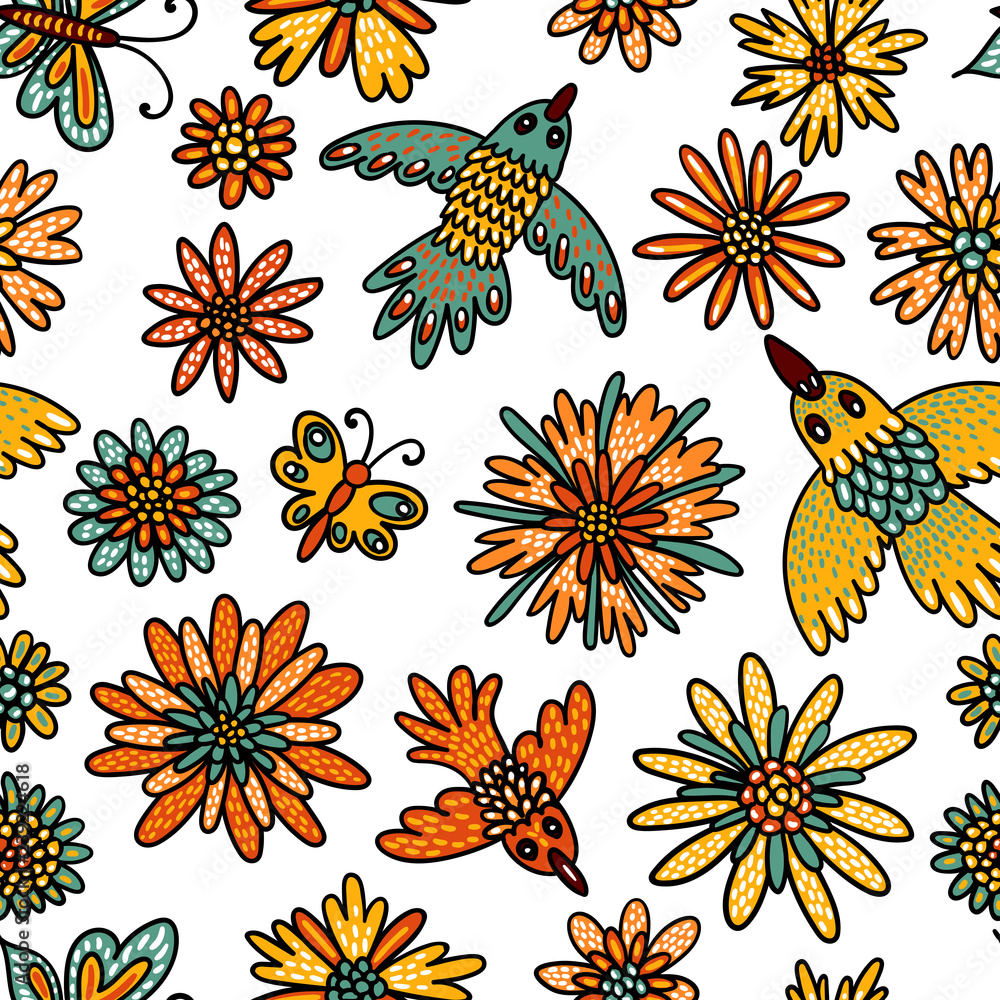 Birds, butterflies and flowers seamless pattern. Cute illustration in cartoon style for children's textiles. Vector illustration.