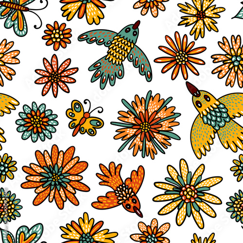 Birds, butterflies and flowers seamless pattern. Cute illustration in cartoon style for children's textiles. Vector illustration.