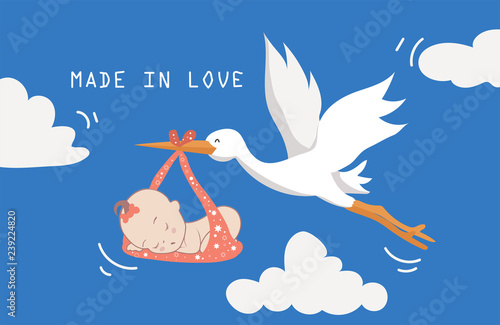 Cute cartoon stork and baby. Vector illustration of a flying bird carrying a newborn kid isolated on a blue background
