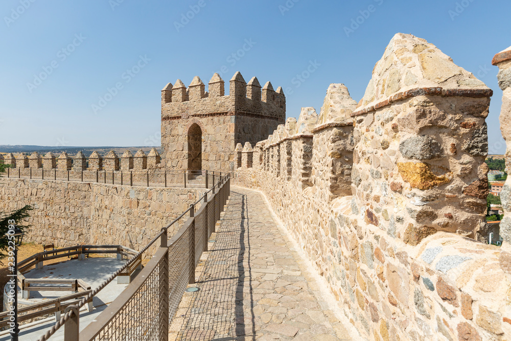 walkway on top of the medieval city wall (battlement) of Avila city, Spain