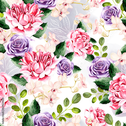 Watercolor pattern with green leaves, rose and orchids flowers.