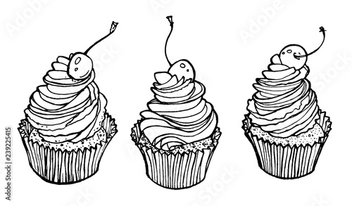 Set of sketches of the cupcake with cream and cherry.