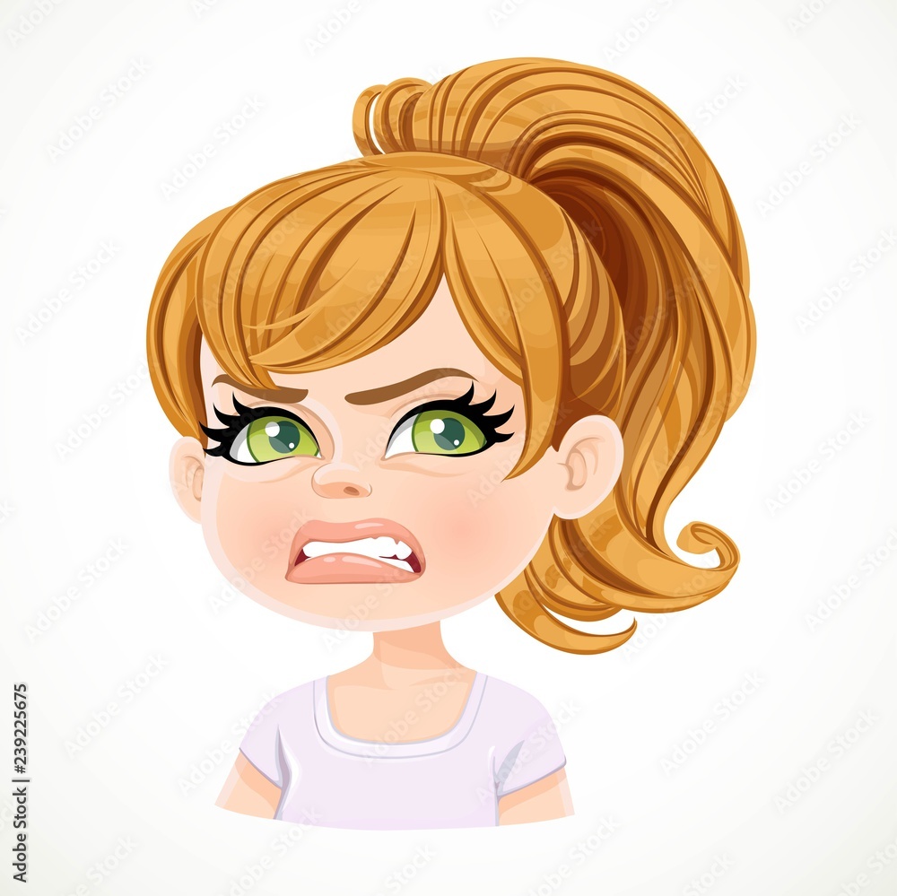 Beautiful unkind cartoon fair-haired girl with hair gathered in ponytail portrait isolated on white background Beautiful unkind cartoon fair-haired girl with hair gathered in ponytail portrait isolated on white background