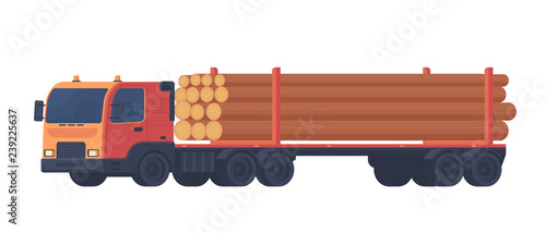 Logging truck isolated on white background. Truck with trailer for transportation of raw wood and timber products. Foresty industry. Vector flat style illustration.