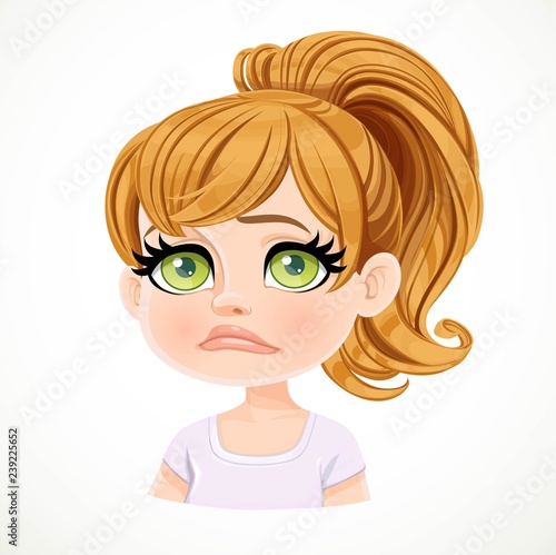 Beautiful upset sad smiling cartoon fair-haired girl with hair gathered in ponytail portrait isolated on white background