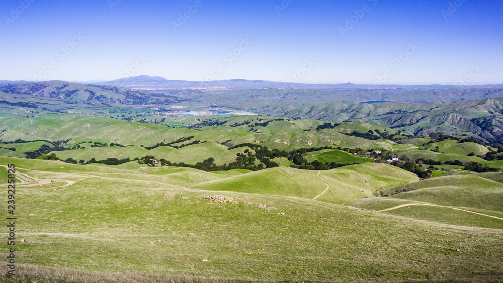 Verdant Hills; Mt Diablo and Livermore valley in the background; as seen from the Ohlone Wilderness trail, on the way to Mission Peak, Alameda County, east San Francisco bay area, California