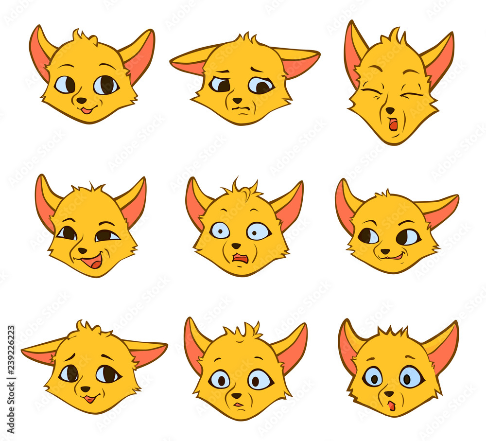 Fototapeta premium Set cartoon interesting emotions of little yellow fox