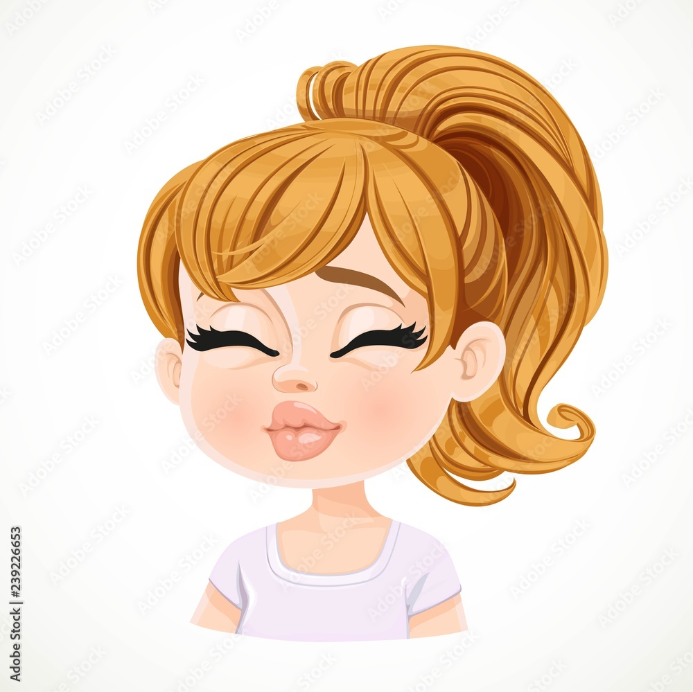 Beautiful kisses cartoon fair-haired girl with hair gathered in ponytail portrait isolated on white background Beautiful kisses cartoon fair-haired girl with hair gathered in ponytail portrait isolated on white background