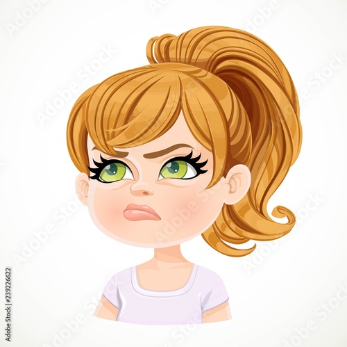 Beautiful offended cartoon fair-haired girl with hair gathered in ponytail portrait isolated on white background