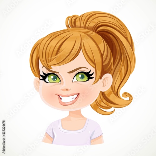 Beautiful insidious cartoon fair-haired girl with hair gathered in ponytail portrait isolated on white background