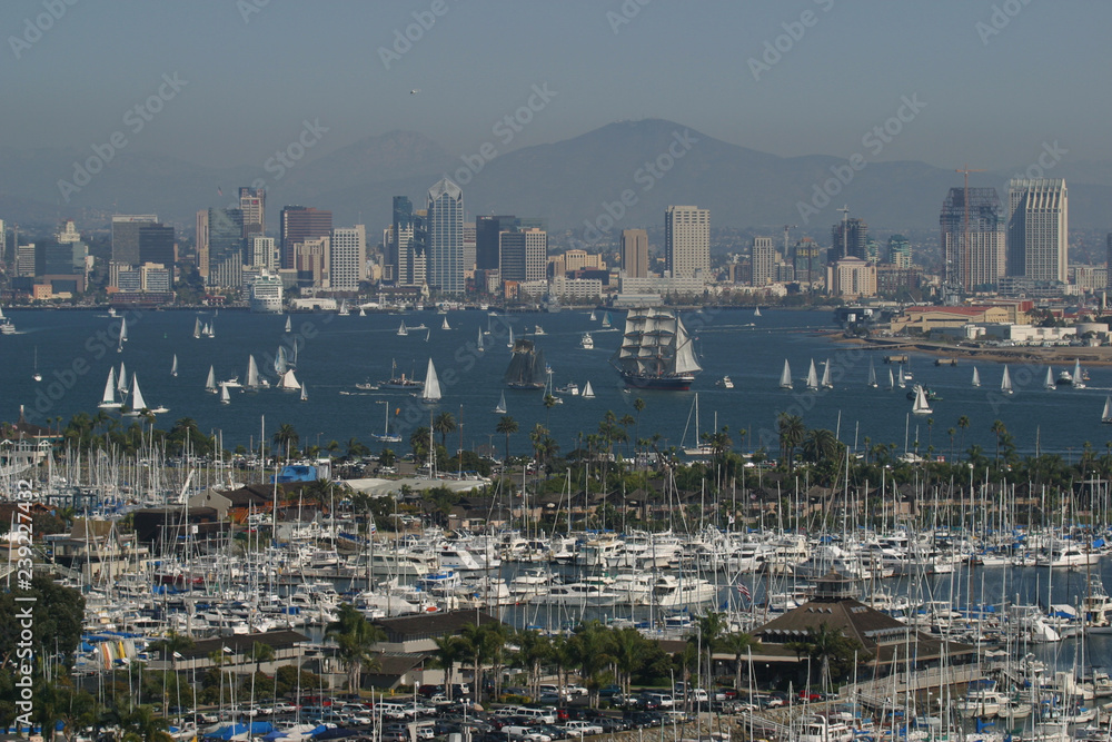 Skyline of San Diego with boats as viewed from Point Loma