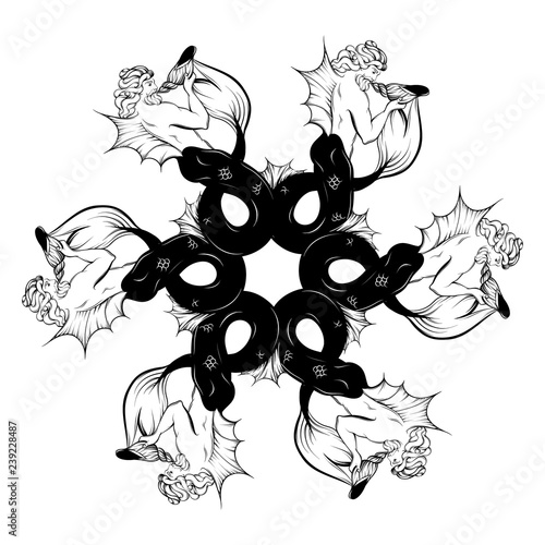 Vector hand drawn illustration of triton in realistic line style. Mythology artwork. Template for card poster bannerprint for t-shirt.