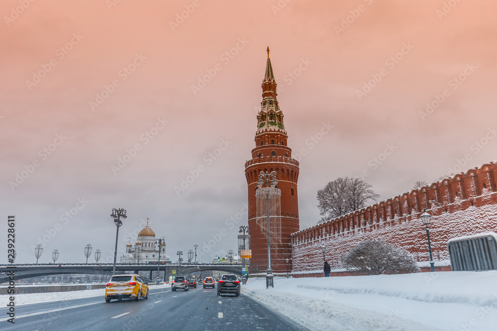 wall with a tower of the Moscow Kremlin