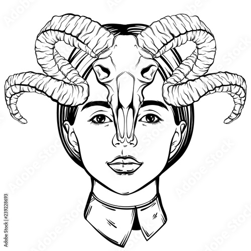 Vector hand drawn illustration of face of pretty young girl with skull of ram.  Tattoo art. Template for card, poster banner print for t-shirt.