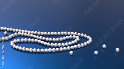Pearl beads on blue background 3d render. White pearls on dark background.