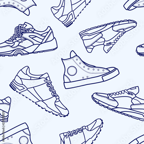 Seamless Pattern with Sneaker Shoe Flat Line Stroke