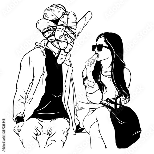 Vector hand drawn surrealistic illustration of young woman and man with bread on his head. Template for card, poster, banner, print for t-shirt.