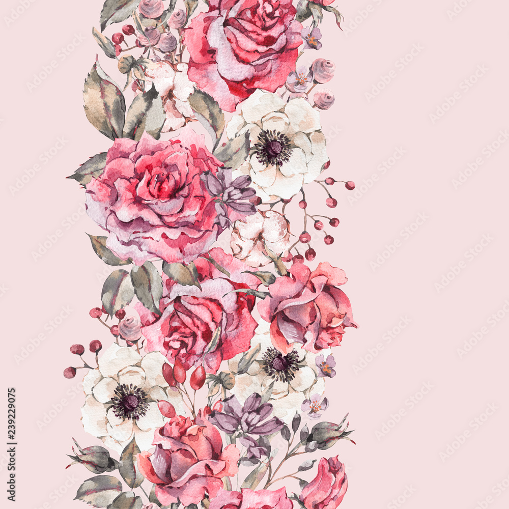 Watercolor pink roses, Nature seamless border with flowers