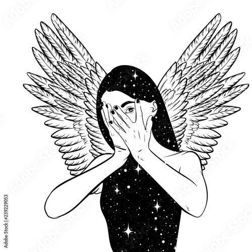 Vector hand drawn surreal  illustration  of woman with space instead of body and wings . Surreal tattoo artwork . Template for card, poster, banner, print for t-shirt.