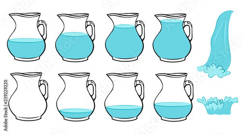 Vector set of frames  full and poor jug, splash water and pouring