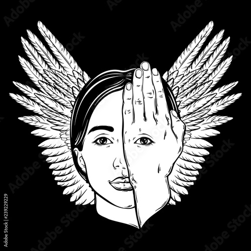 Vector hand drawn illustration of woman face with eye on her hand and wings. Surreal artwork. Template for card, poster, banner, print for t-shirt.