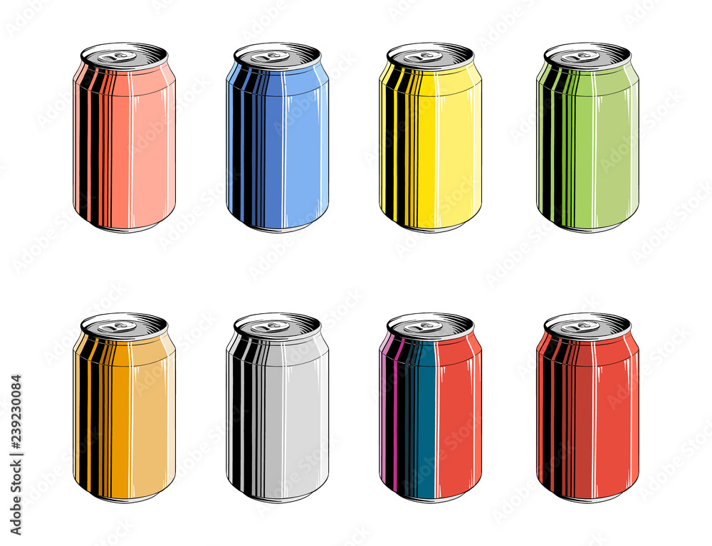 Set of aluminum can in color, isolated on white background. Detailed vintage style drawing, for posters, decoration and print. Hand drawn sketch. Vector illustration Set of aluminum can in color, isolated on white background. Detailed vintage style drawing, for posters, decoration and print. Hand drawn sketch. Vector illustration