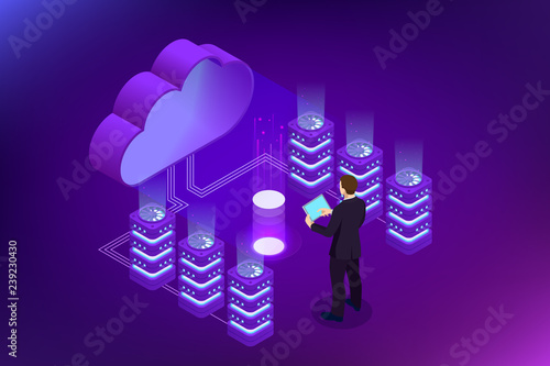 Isometric Cloud Computing concept. Isometric cloud services. Internet technology. Online services. Data, information security. Vector illustration.