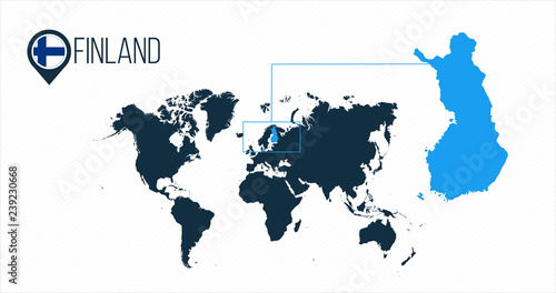 Finland location on the world map for infographics. All world countries without names. Finland round flag in the map pin or marker. vector illustration on stripped background.