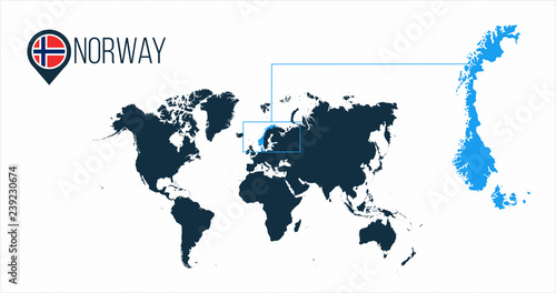 Norway location on the world map for infographics. All world countries without names. Norway round flag in the map pin or marker. vector illustration on stripped background.