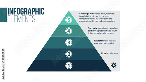 Pyramid infographic template with five elements, vector illustration isolated on white background.