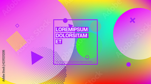 Memphis Minimal Cover Horizontal Vector Template. Neon Gradient Overlay, Small Space Particles Background. Geometric Memphis Design Elements, Horizontal Music Poster. Vintage Elemets Business Design.