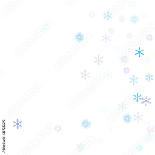 Falling down snow confetti, snowflake vector border. Festive winter, Christmas, New Year sale background. Cold weather, winter storm, scatter texture. Hipster snowfall falling snowflakes cool confetti