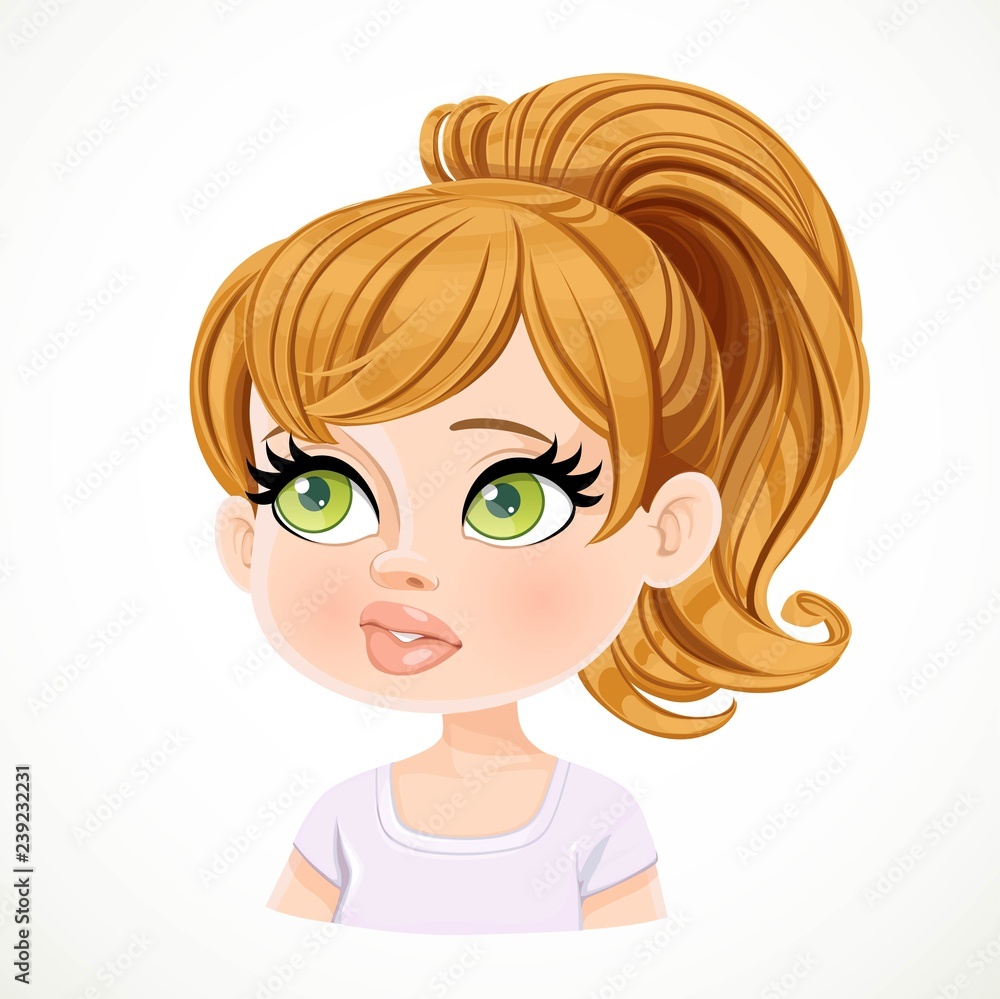 Beautiful bewildered smiling cartoon fair-haired girl with hair gathered in ponytail portrait isolated on white background Beautiful bewildered smiling cartoon fair-haired girl with hair gathered in ponytail portrait isolated on white background
