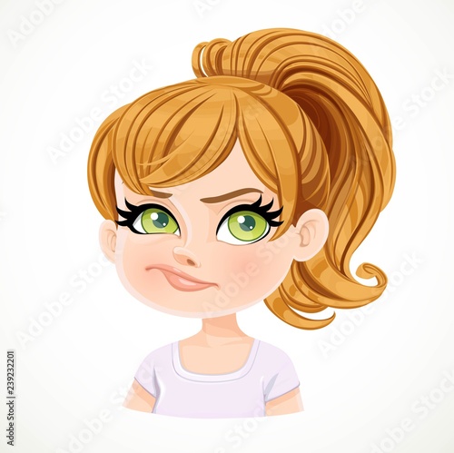 Beautiful doubt smiling cartoon fair-haired girl with hair gathered in ponytail portrait isolated on white background