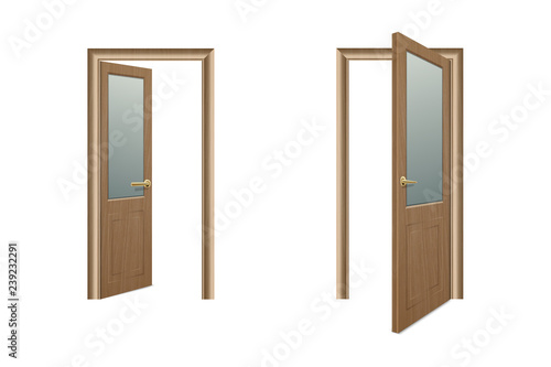 Vector Realistic Different Opened and Closed Brown Wooden Door Icon Set Closeup Isolated on White Background. Elements of Architecture. Design template of Classic Home Door for Graphics. Front View