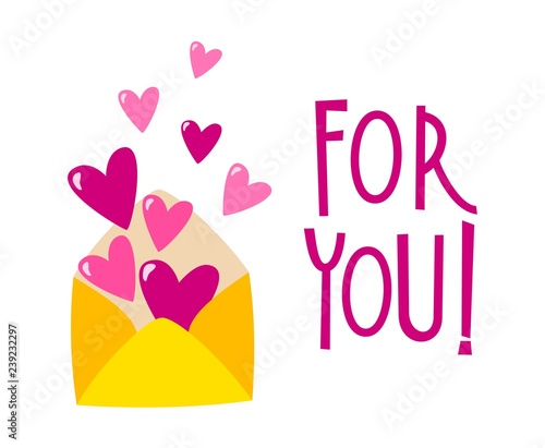 Illustration of letter full of hearts in cartoon style. For You hand drawn le...