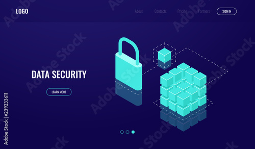 Blockchain technology, data access and data security, isometric icon, protection cloud computing, lock database, dark neon