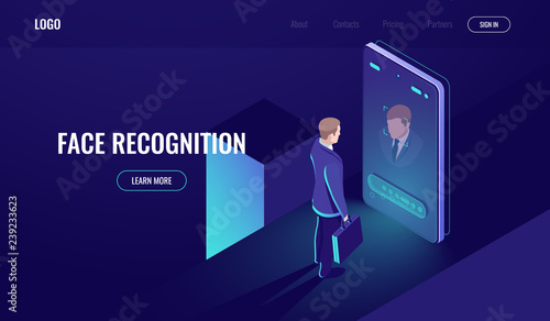 Face recognition, isometric icon, man look into the phone camera, biometric technology, identification, detection of identity, mobile phone dark neon