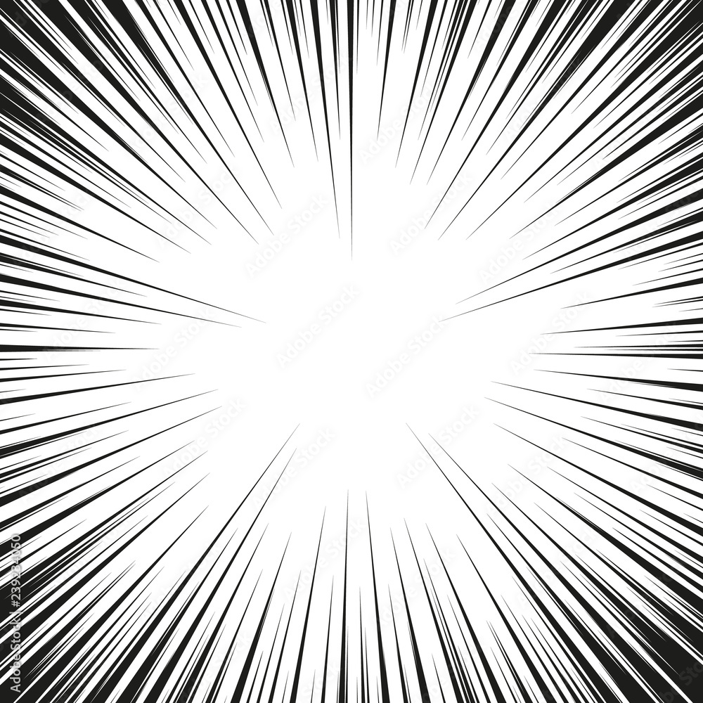 Many black comic radial speed Lines on white base. Effect power explosion illustration. Comic book design element. Graphic Explosion with Speed Lines in comic book style. Vector Illustration Many black comic radial speed Lines on white base. Effect power explosion illustration. Comic book design element. Graphic Explosion with Speed Lines in comic book style. Vector Illustration