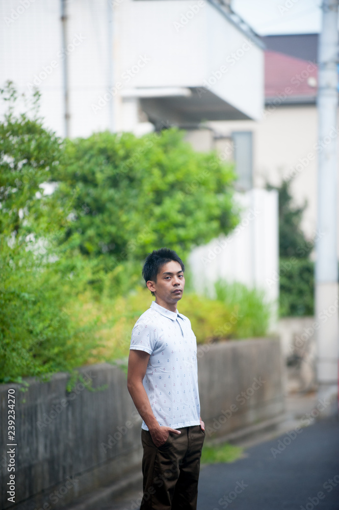 Asian male model poses for pictures on the street Asian male model poses for pictures on the street