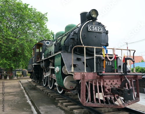 Kanchanaburi,Thailand-December 9, 2018: An old Japanese steam locomotive displayed at River Kwai Bridge station 